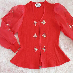 Toula Vintage Rhinestone Red Zip‎ Front Longsleeve Top Size 6